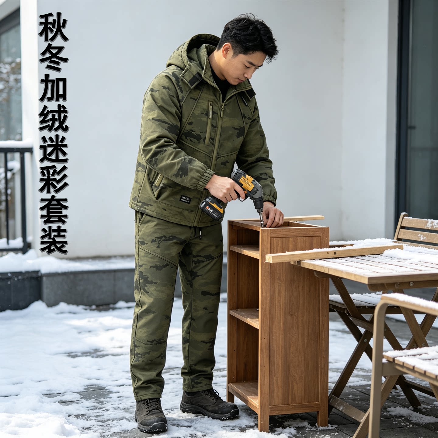 秋冬加绒迷彩防泼水耐磨工装套装图片