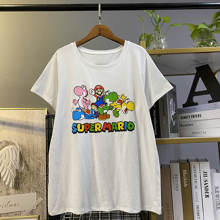 外贸夏季新款白色马里奥卡通字母T恤