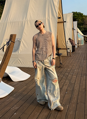 OTHER STORIES NOHASHTAG美式复古重工破洞牛仔裤男款夏季工装裤