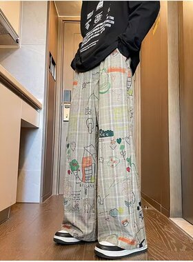 16EME NORD 16EME NORD宽松格子阔腿裤女春夏新款涂鸦复古美式