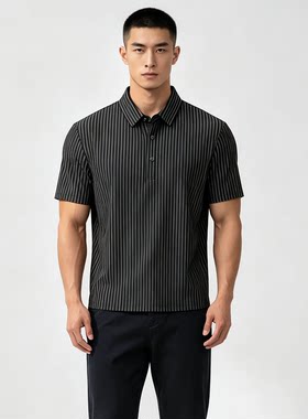 冰丝男式短袖T恤衬衫领条纹polo