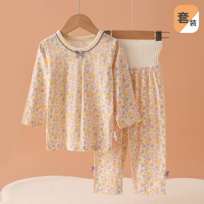 女童高腰套装 纯棉A类家居服睡衣薄儿童长袖长裤女宝宝护肚空调服