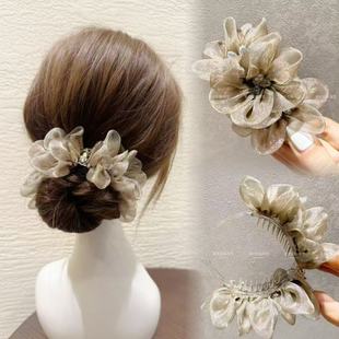 薄纱花朵美拉德后脑勺发卡抓夹大号复古鲨鱼夹发量多丸子头发饰