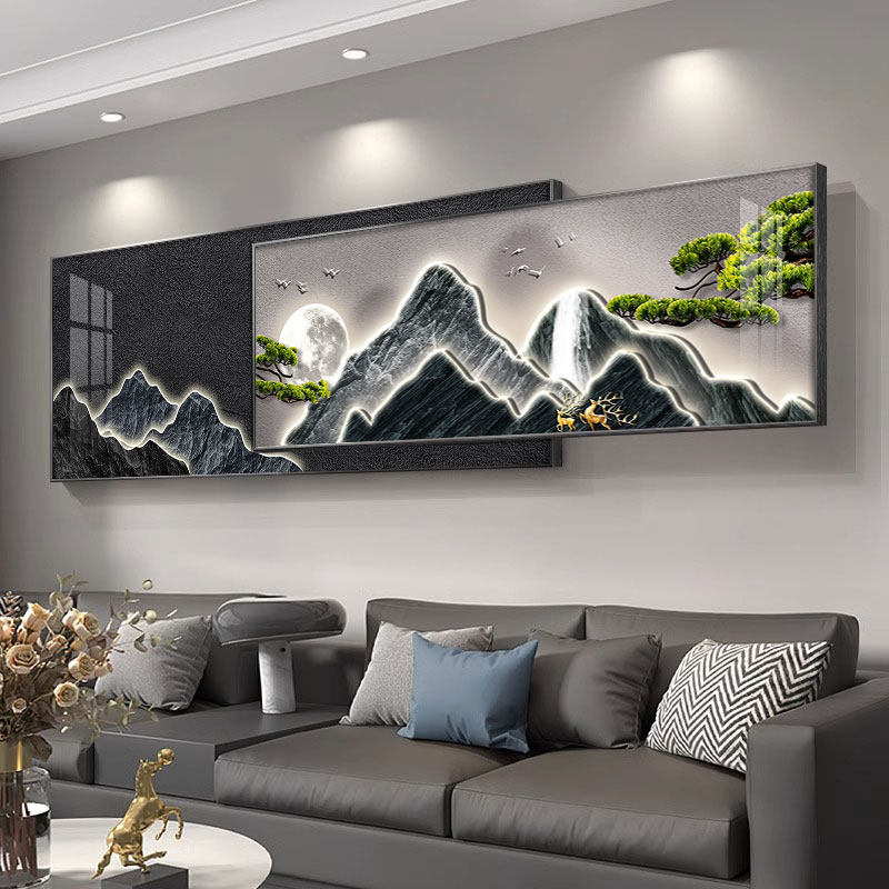背有靠山水画客厅挂画高级感大气叠加画现代轻奢沙发背景墙装饰画