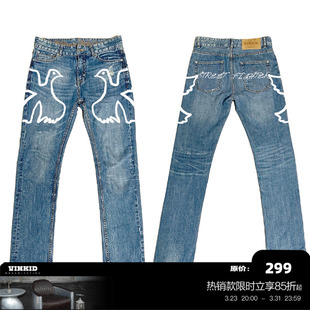 脚堆叠小众街头潮流美式 Vinkid 刺绣水洗裤 和平鸽牛仔裤 云梯
