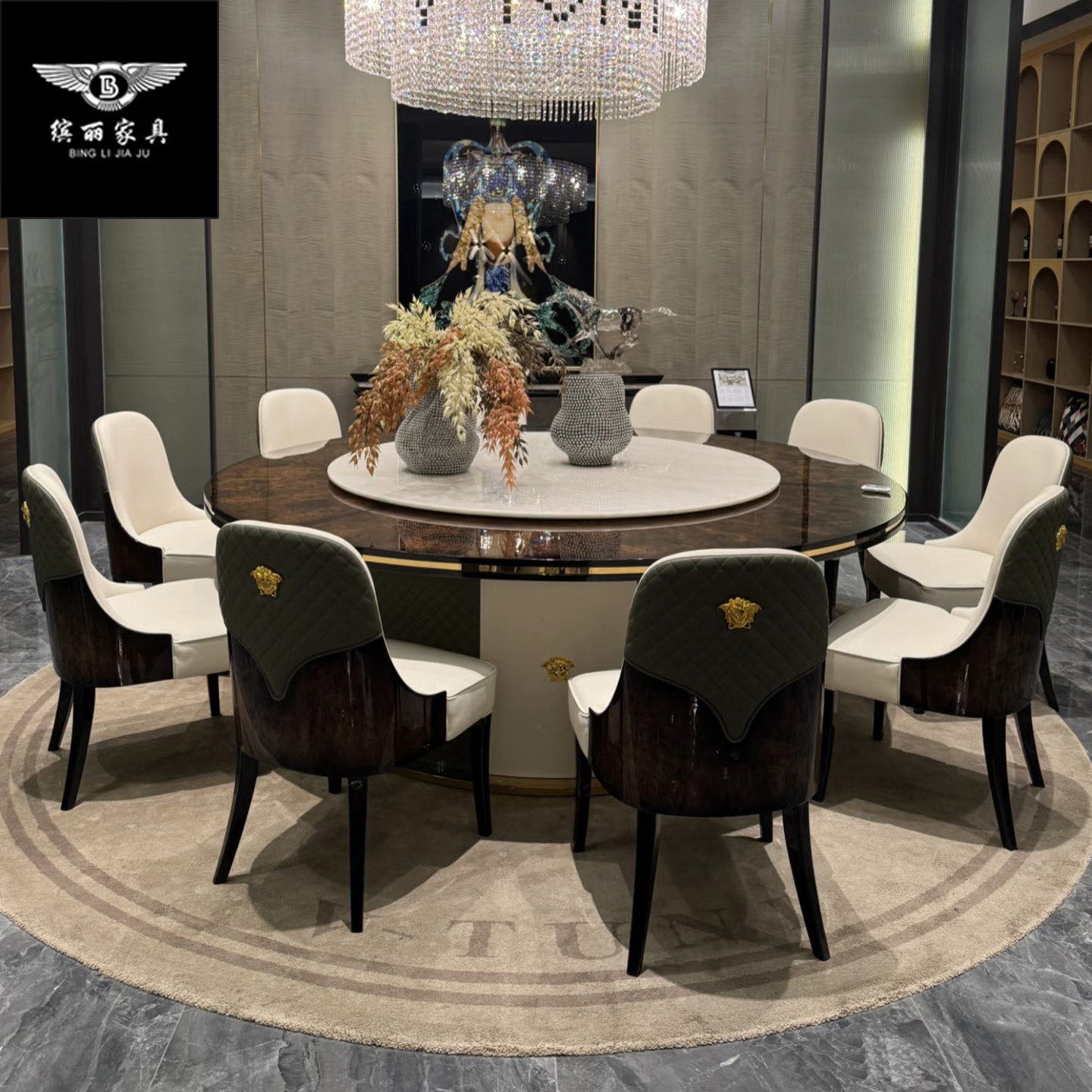 Versace意式轻奢实木圆形餐桌椅电动大圆桌带转盘电磁炉钢琴烤漆