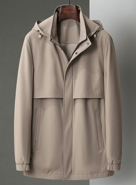 春秋季轻薄常规款立领风衣商务休闲中年男士外套可脱卸帽防风茄克