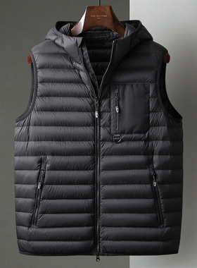 冬季新款黑色连帽轻盈鸭绒羽绒服马甲中年男商务短款背心坎肩外套