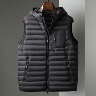 冬季新款黑色连帽轻盈鸭绒羽绒服马甲中年男商务短款背心坎肩外套