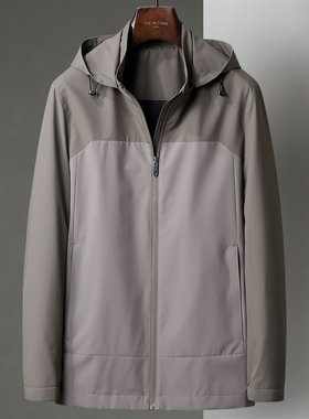 秋季新款中年男士轻薄面料可脱卸帽拼色商务休闲茄克防风夹克外套