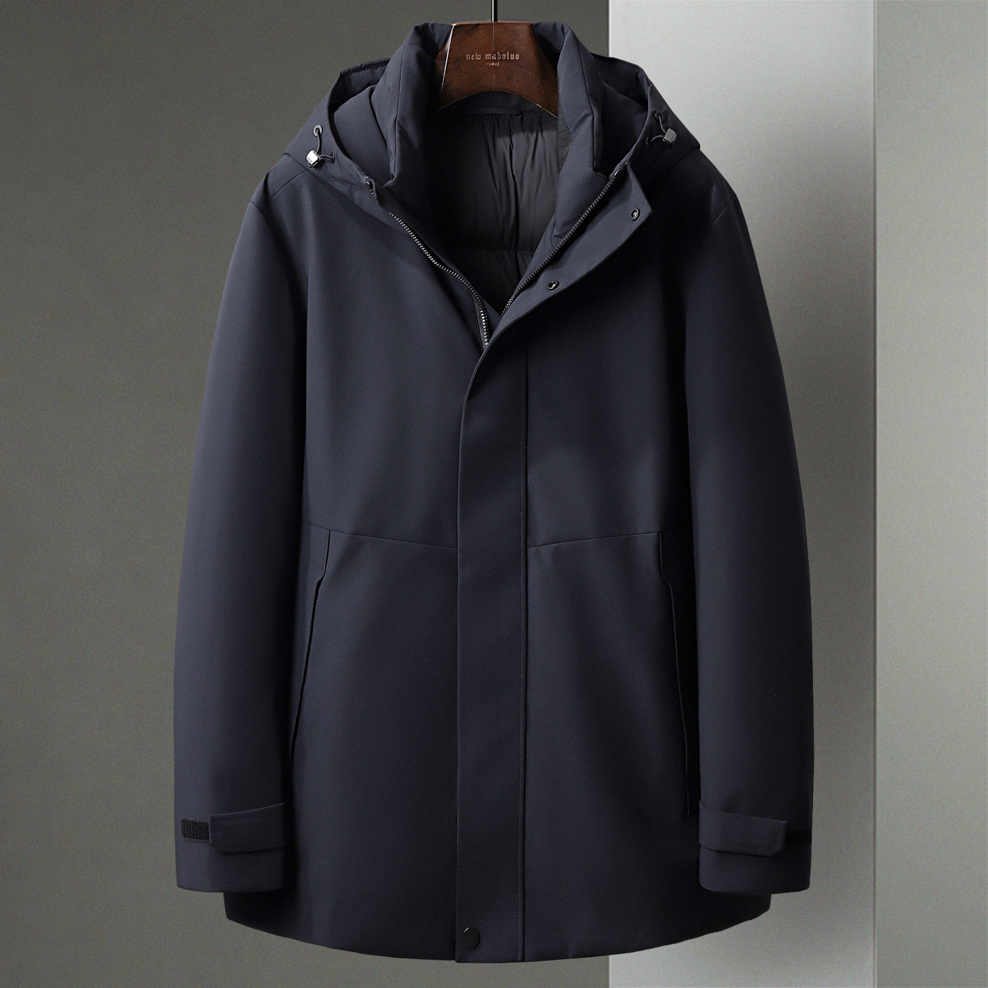 藏青色冬季新款连帽保暖鸭绒羽绒服男士中年加厚商务休闲风衣外套