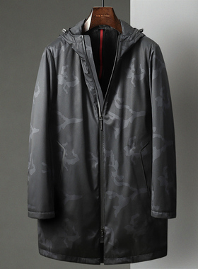 黑色秋冬新款暗纹连帽棉服男中年商务休闲中长款加厚风衣棉衣外套