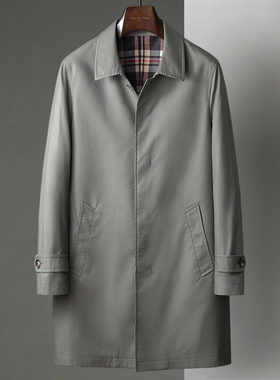 春秋季新款棉布翻领插肩袖休闲中长款风衣男士商务中年单排扣外套