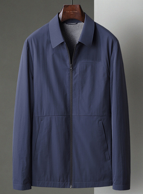 藏蓝色春秋季薄款翻领夹克中年男士短款时尚商务休闲茄克衫外套