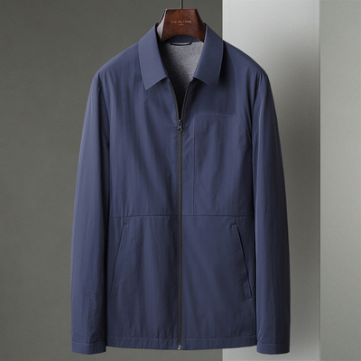 藏蓝色春秋季薄款翻领夹克中年男士短款时尚商务休闲茄克衫外套