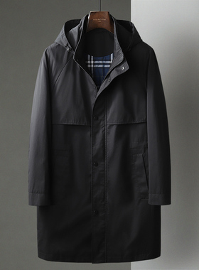 秋冬季中长款可拆卸帽黑色商务休闲拉链披风中年风衣垂顺男士外套