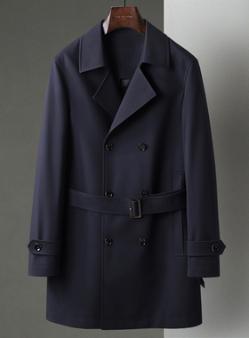 深蓝色轻薄新款双排扣中长款大翻领风衣中年男士商务休闲大衣外套