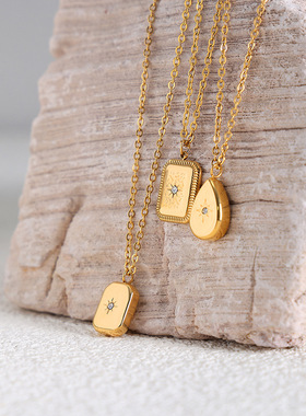 法国高级感百搭水滴方块圆形锆石吊坠钛钢项链批发女不掉色饰品