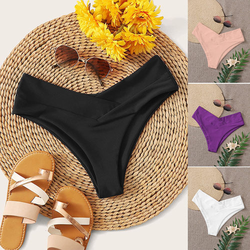 欧美跨境2025新款纯色性感复古亚马逊高腰比基尼三角沙滩游泳裤女