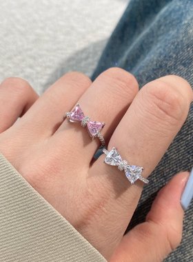 精工S925纯银戒指女小众设计高级感轻奢镶钻锆石三角蝴蝶结戒指环