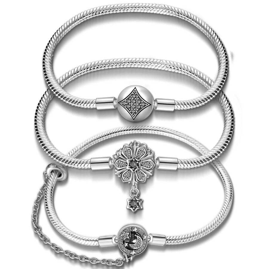 新款原创蛇骨链星月雪花财富珠手链铜镀银潘家风格欧美跨境批发