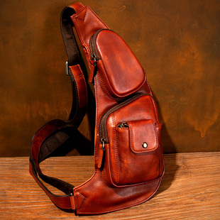 慢时光复古真皮男士 胸包高级感头层植鞣牛皮休闲胸前包潮流单肩包