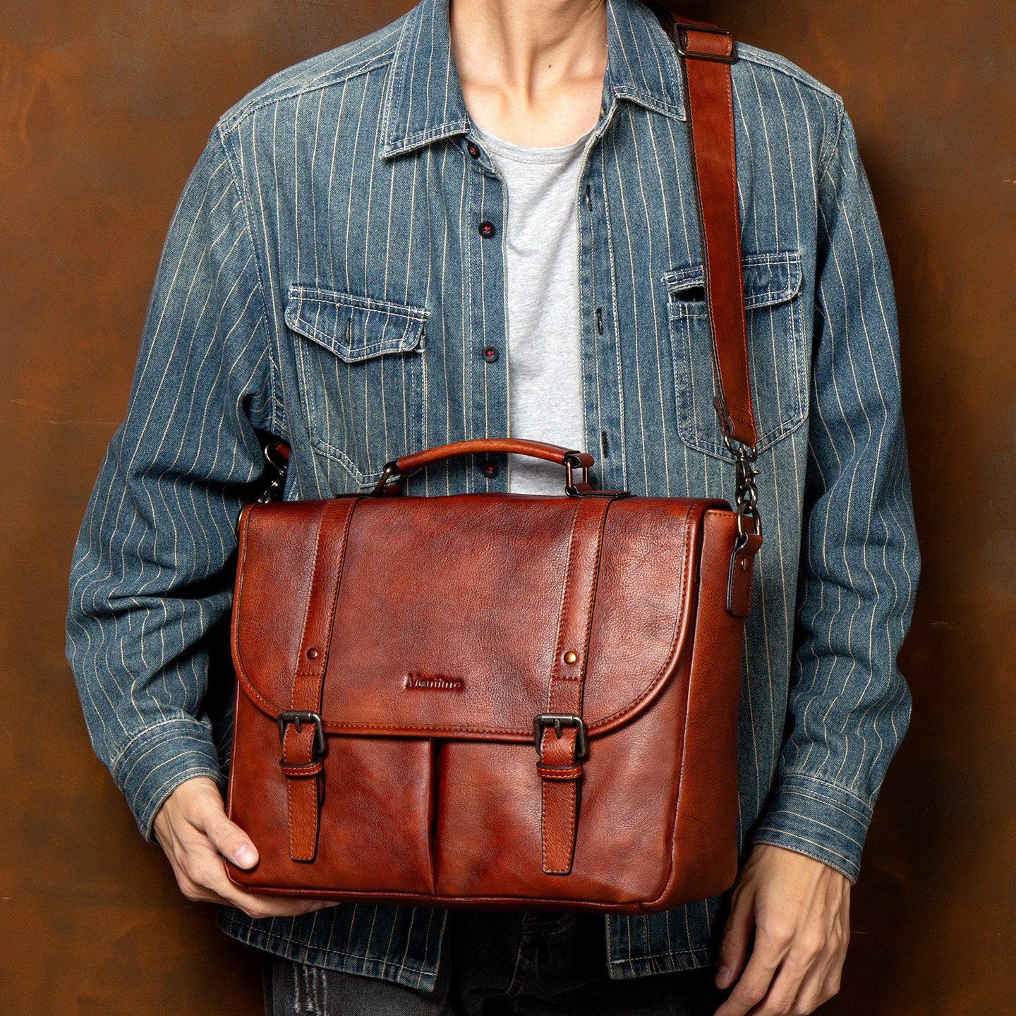 慢时光商务通勤真皮手提包男士文件皮包头层牛皮公文包电脑单肩包