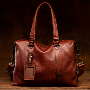 慢时光复古头层植鞣牛皮单肩包旅行包男通勤风手提休闲真皮斜挎包