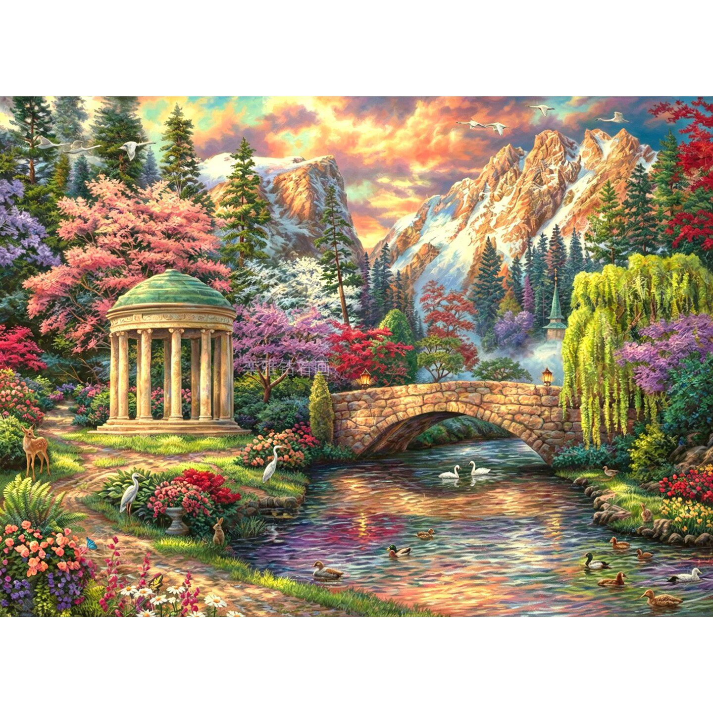 2026新款DIY树脂方钻满钻钻石画贴钻绣山间欧式花园亭子拱桥小溪