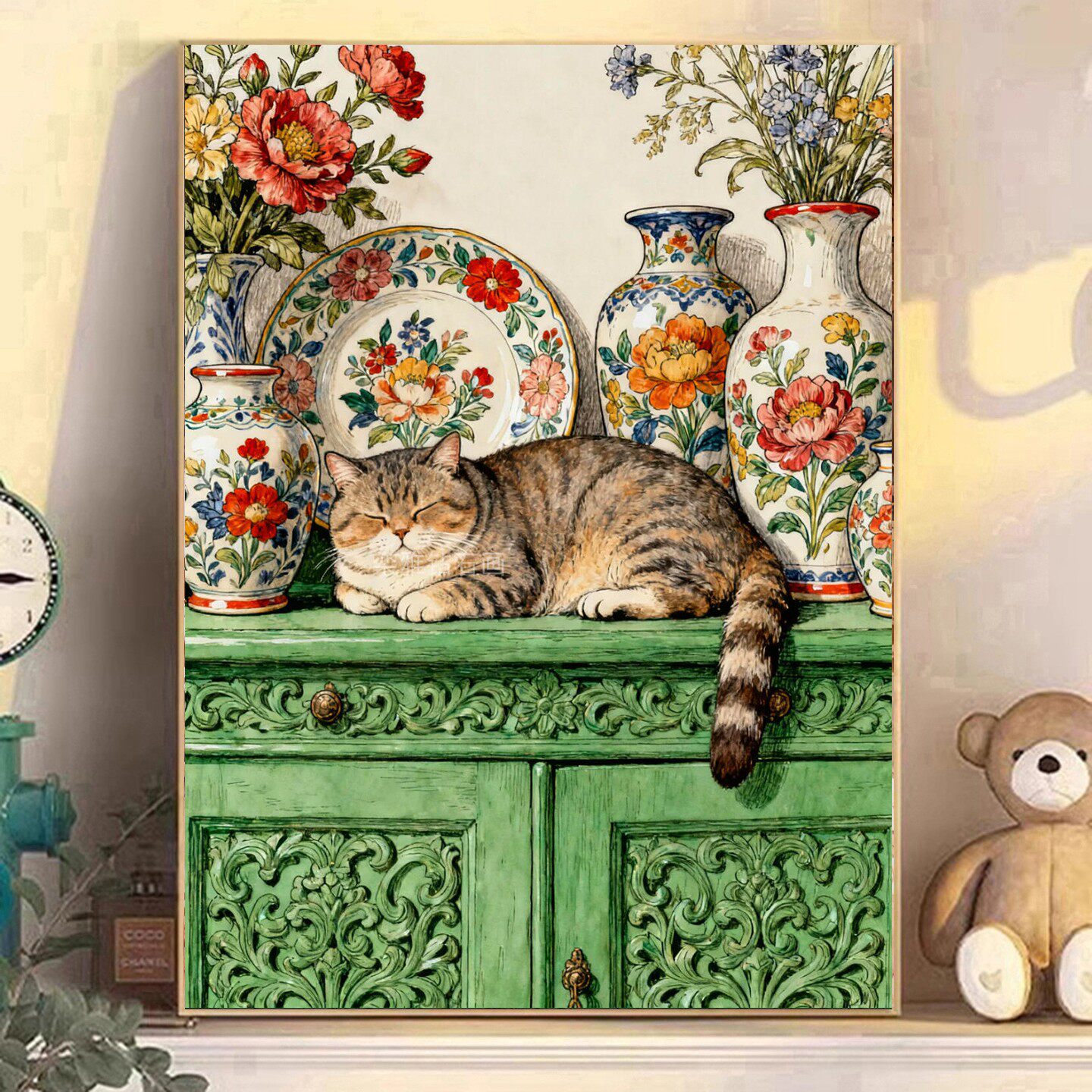 贴钻DIY方钻满钻钻石画钻石绣带钻套件牡丹花瓶绿色柜子上的猫咪