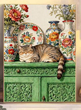 贴钻DIY方钻满钻钻石画钻石绣带钻套件牡丹花瓶绿色柜子上的猫咪
