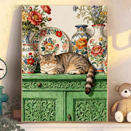 贴钻DIY方钻满钻钻石画钻石绣带钻套件牡丹花瓶绿色柜子上的猫咪