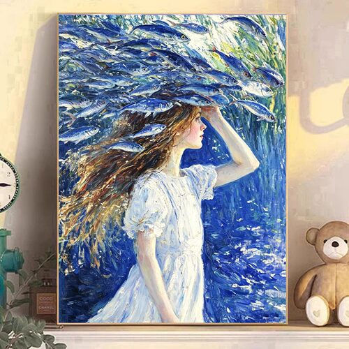 DIY树脂方钻满钻钻石画海水鱼群白裙少女侧影手工贴钻钻石绣带钻
