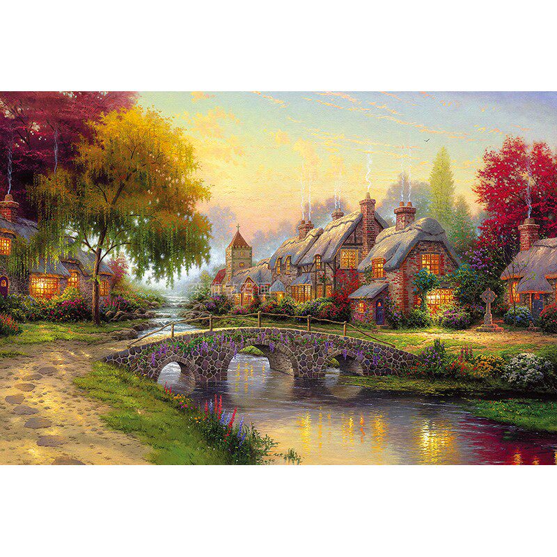 欧式DIY方钻满钻钻石画钻石绣贴钻十字绣小桥小溪边乡村黄昏夜景