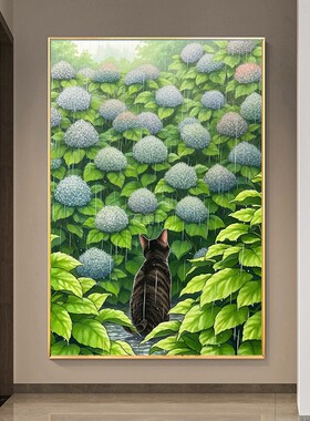 DIY方钻满钻钻石画贴钻印花十字绣钻石绣蓝色绣球花园前的黑猫咪
