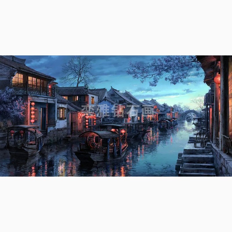 客厅diy方钻满钻钻石画手工贴钻十字绣西塘曲调中式油画风景夜景