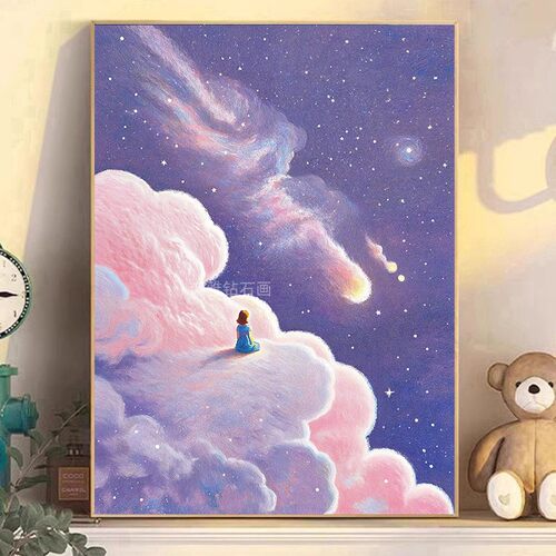 新品DIY手工粘贴钻方钻满钻钻石画钻石绣粉白色云朵云端少女背影