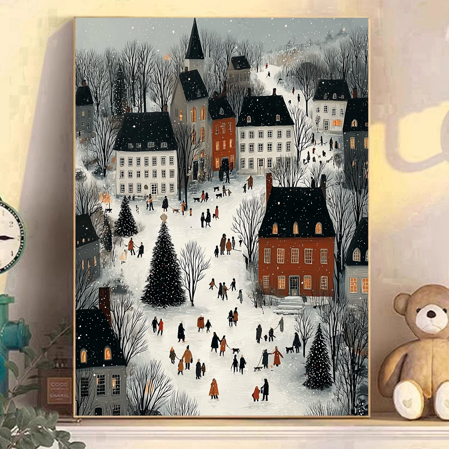 新品DIY方钻满钻钻石画粘贴钻钻石绣砖石画圣诞雪天小镇热闹大街