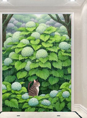 新款DIY方钻满钻钻石画钻石绣绿色绣球花丛前的猫咪粘贴钻十字绣