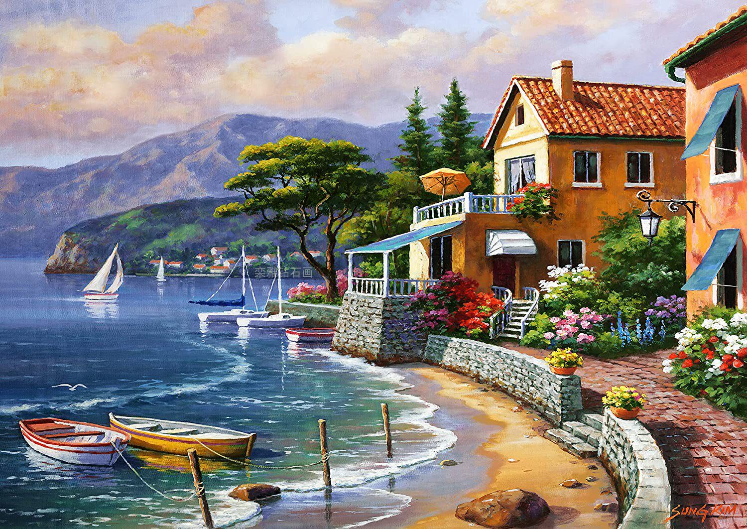 欧式风景diy方钻满钻钻石画钻石绣十字绣海边港湾花园小村庄帆船