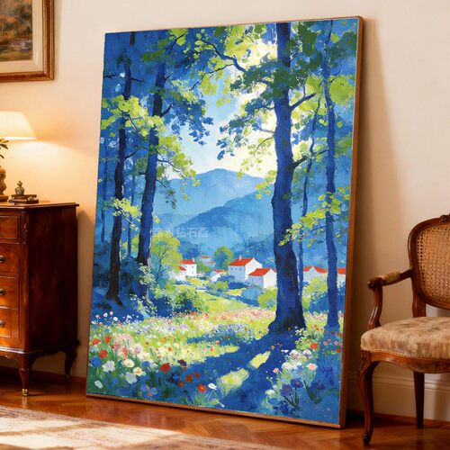 DIY手工贴钻树脂方钻满钻钻石画钻石绣山间村落树林阳光春天花草
