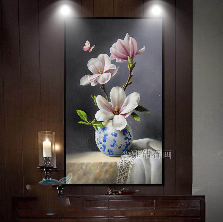 玄关竖版方钻满钻钻石画全粘贴钻十字绣新中式青花瓷玉兰花蝴蝶