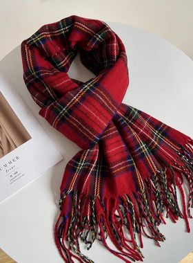 韩版圣诞新年款红色格子保暖时尚围巾加厚氛围保暖披肩超高级围脖