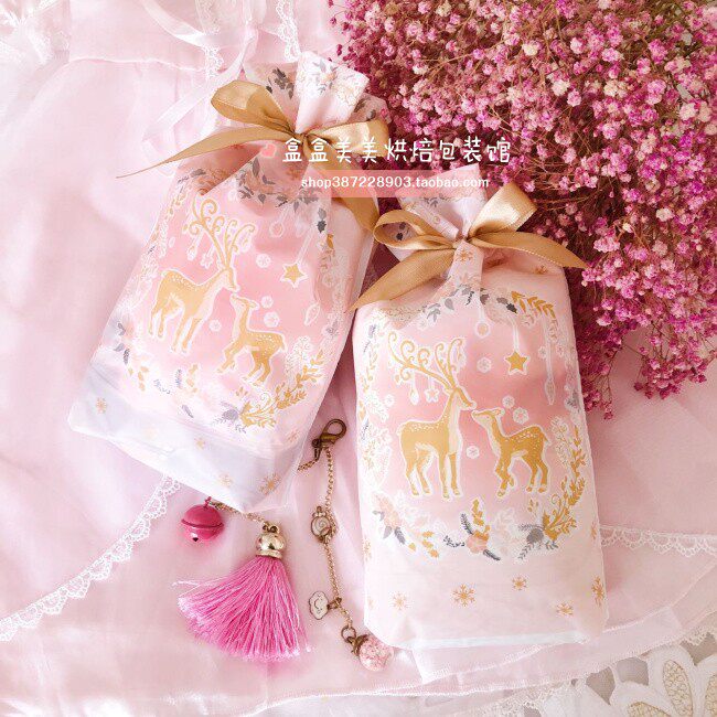 粉色圣诞系列包装盒抽绳袋糖果首饰品自粘袋饼干雪花酥包装束口袋