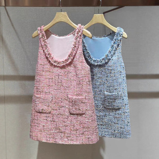 富家千金小香连衣裙2025秋季新款法式感背心裙u领无袖短裙子