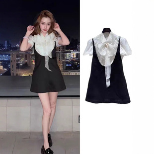 深圳南油高端女装25夏季新款时尚甜美宫廷风黑白两件式连衣裙套装