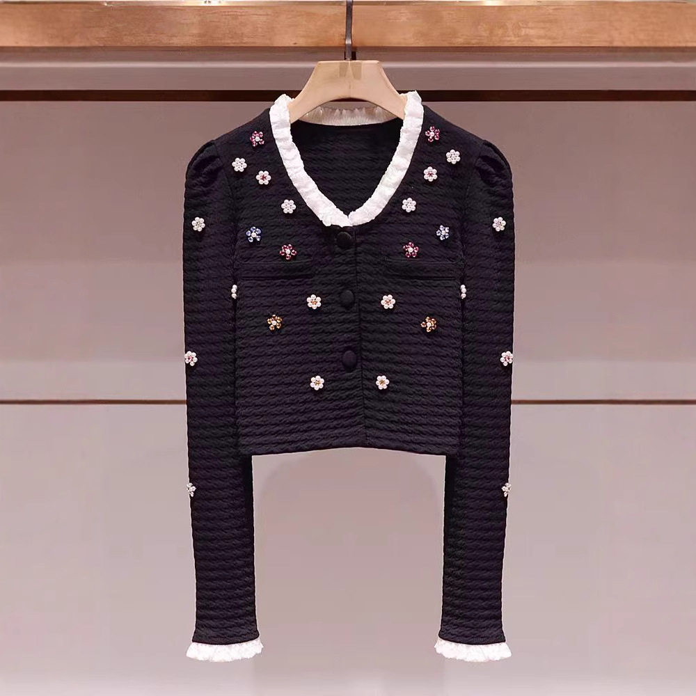 小众设计感上衣JOOVA2025秋季新款重工钉珠v领黑色开衫针织衫女