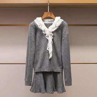 深圳南油高端女装2025秋冬新款温柔休闲风荷叶领针织衫+半裙套装