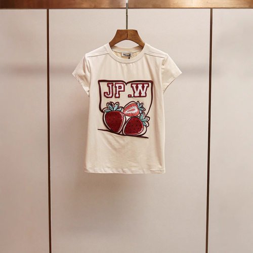 衣莉卓雅24夏季新款百搭圆领正肩短袖精美刺绣图案T恤上衣