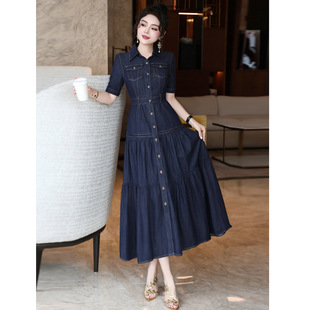 短袖牛仔连衣裙通勤夏季新款小个子百搭收腰衬衫裙中长款气质腰带
